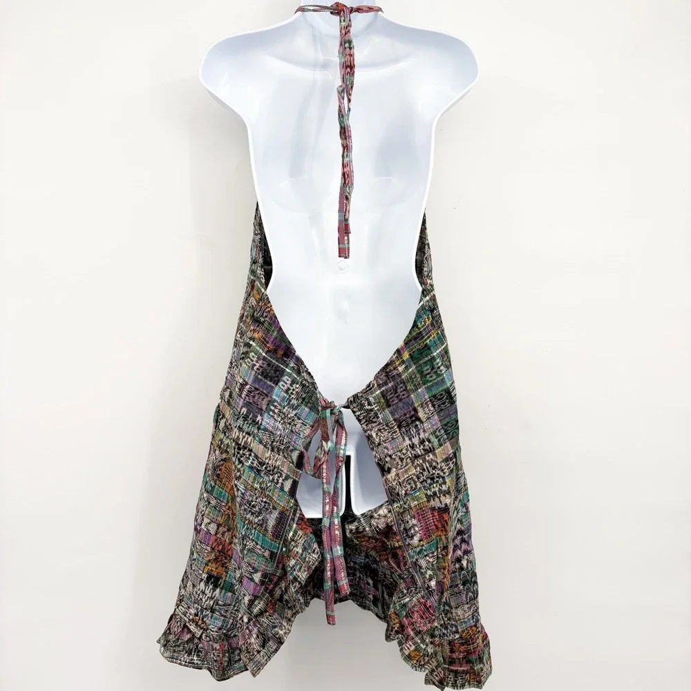 Womens Guatemalen Handmade Multicolor Ikat Embroidered Boho Folk Ruffle Apron OS